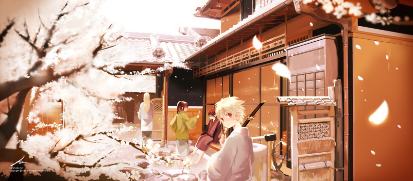cherry_blossoms, east_asian_architecture, gintama, highres, japanese_architecture, japanese_clothes, kaninn, katana
