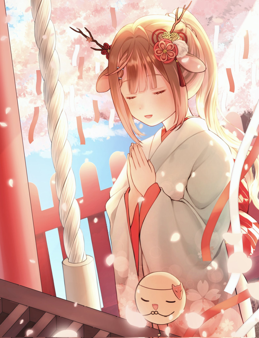 1girl, animal_ears, antlers, brown_hair, closed_eyes, commission, deer_antlers, deer_ears