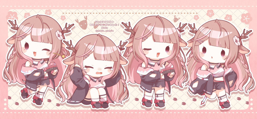 1girl, ;d, ahoge, animal_ears, antlers, black_footwear, black_jacket, black_shorts, blush_stickers, brown_hair, chibi, closed_eyes, commission, crop_top, crying, deer_antlers, deer_ears, deer_girl, exitus, flower, hair_flower, hair_ornament, highres, horns, jacket, kannazuki_lubee, long_hair, multiple_views, nada_namie, nintendo_switch, one_eye_closed, open_clothes, open_jacket, open_mouth, pink_eyes, pink_flower, pink_hair, shorts, skeb_commission, smile, socks, star_(symbol), very_long_hair, virtual_youtuber, white_socks