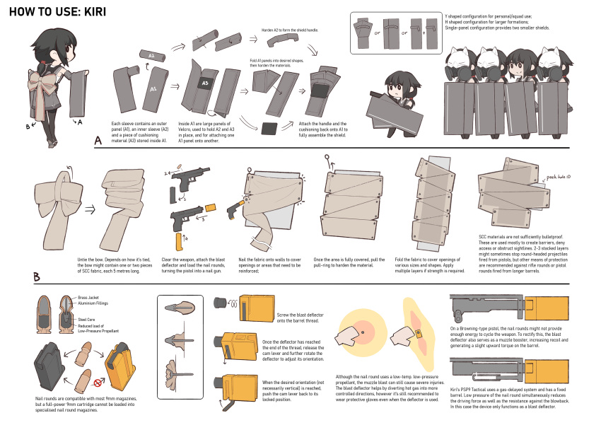 4girls, absurdres, black_hair, chibi, detached_sleeves, full_body, gas_mask, gun