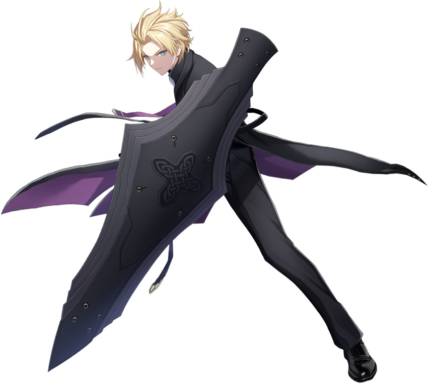 1boy, black_pants, black_suit, blonde_hair, blue_eyes, coat, counter:side, fighting_stance, full_body, highres, holding, holding_shield, looking_at_viewer, male_focus, official_alternate_costume, official_alternate_hairstyle, official_art, pants, roy_burnett, shield, short_hair, simple_background, suit, tachi-e, transparent_background, trench_coat