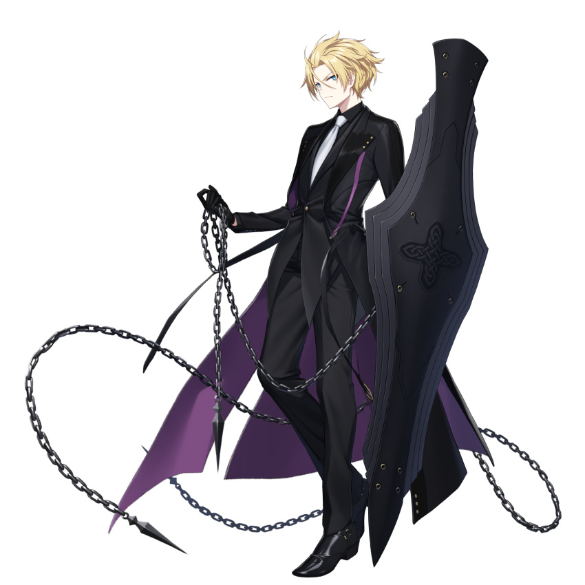 1boy, black_pants, black_suit, blonde_hair, blue_eyes, chain, coat, counter:side