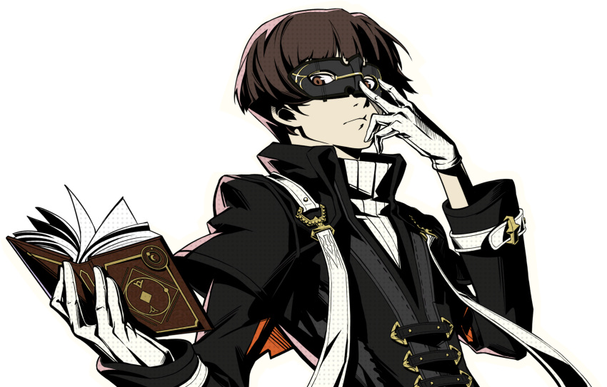 1boy, black_jacket, book, brown_eyes, brown_hair, domino_mask, gloves, highres, jacket, kurotani_kiyoshi, mask, official_art, persona, persona_5, persona_5:_the_phantom_x, short_hair, white_gloves