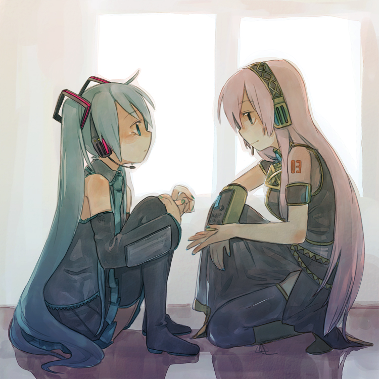 aqua_hair, boots, detached_sleeves, hatsune_miku, headset, megurine_luka, multiple_girls, necktie