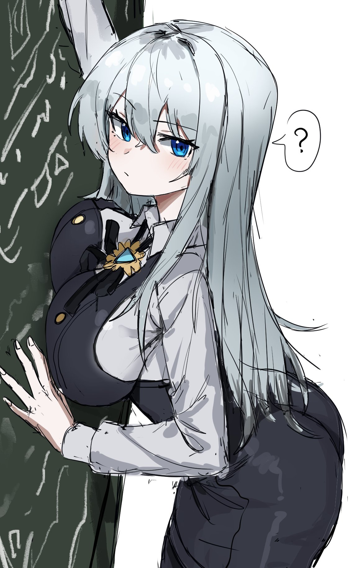 1girl, ?, black_pants, black_vest, breasts, grey_shirt, highres, large_breasts