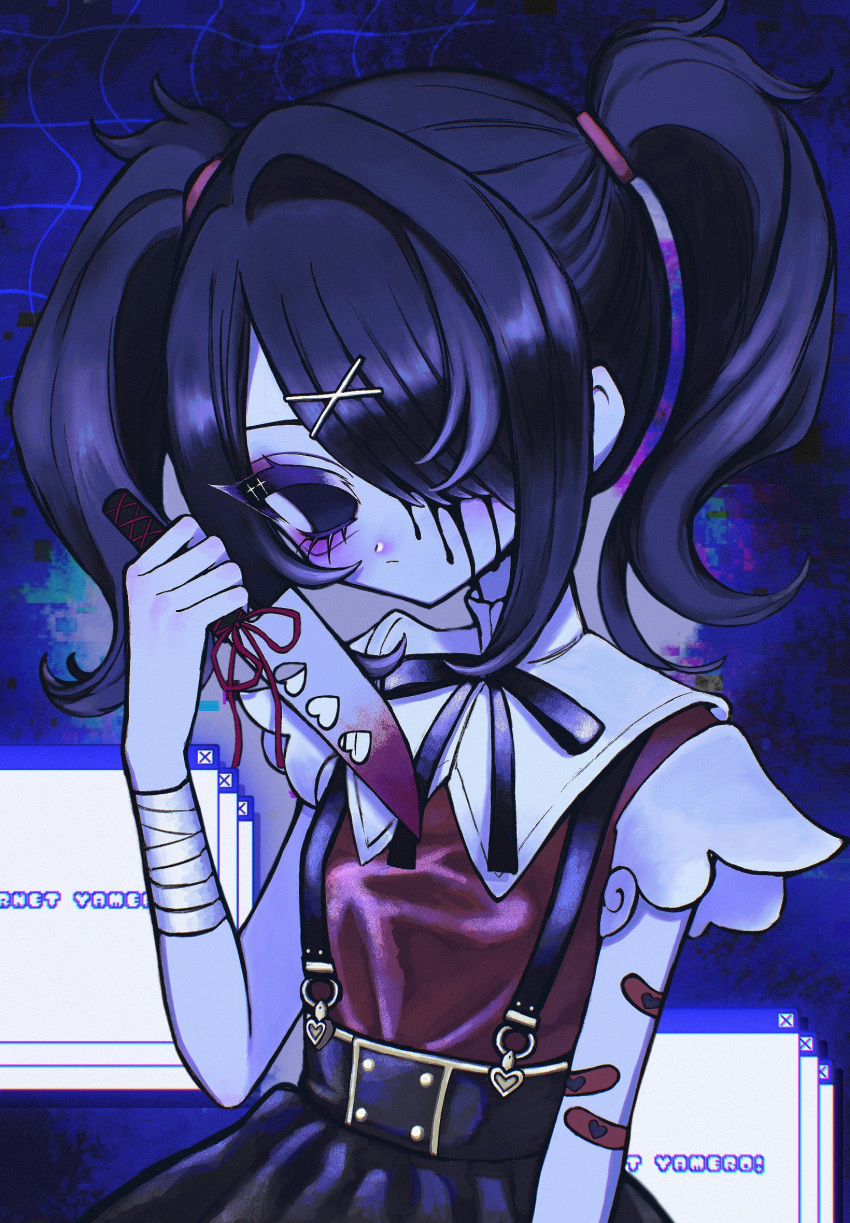 1girl, aegyo_sal, ame-chan_(needy_girl_overdose), aoi_bansoko, bandaged_wrist, bandages, bandaid, bandaid_on_arm, black_eyes, black_hair, black_ribbon, black_skirt, blood, blood_on_face, blue_background, closed_mouth, collared_shirt, commentary_request, cowboy_shot, empty_eyes, hair_ornament, hair_over_one_eye, hand_up, highres, holding, holding_knife, knife, long_hair, looking_at_viewer, neck_ribbon, needy_girl_overdose, red_shirt, ribbon, shirt, skirt, solo, suspender_skirt, suspenders, twintails, window_(computing), x_hair_ornament