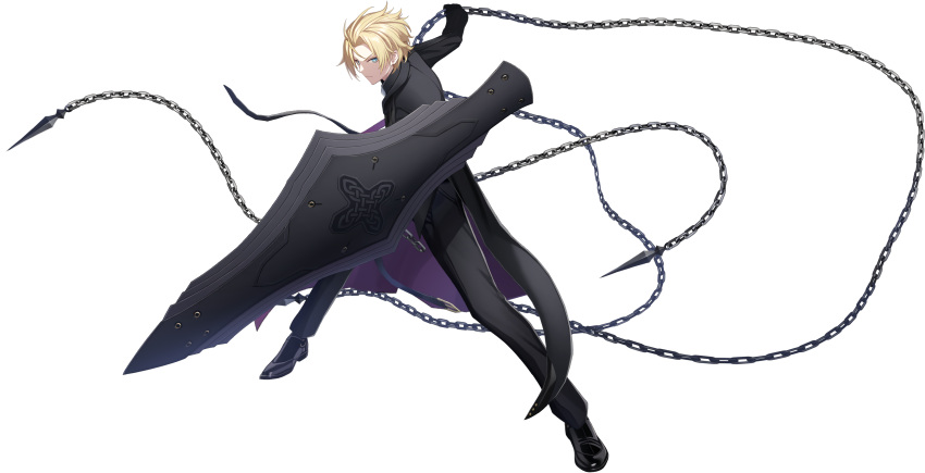 1boy, absurdres, black_pants, black_suit, blonde_hair, blue_eyes, chain, coat