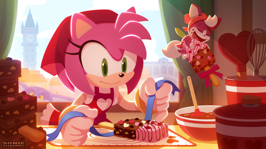 1girl, amy_rose, animal_ears, apron, big_the_cat, bowl, cat_ears, chip_(sonic)
