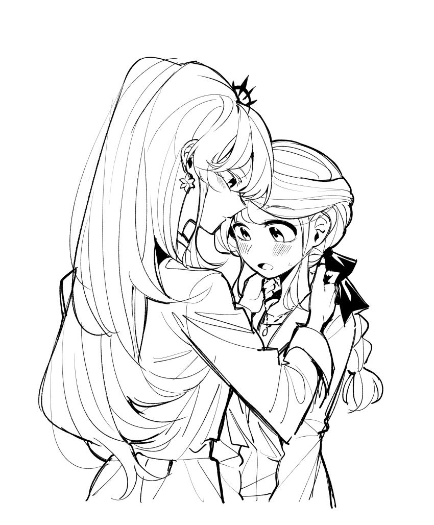 2girls, absurdres, black_gemstone, blush, bow, braid, collarbone, couple