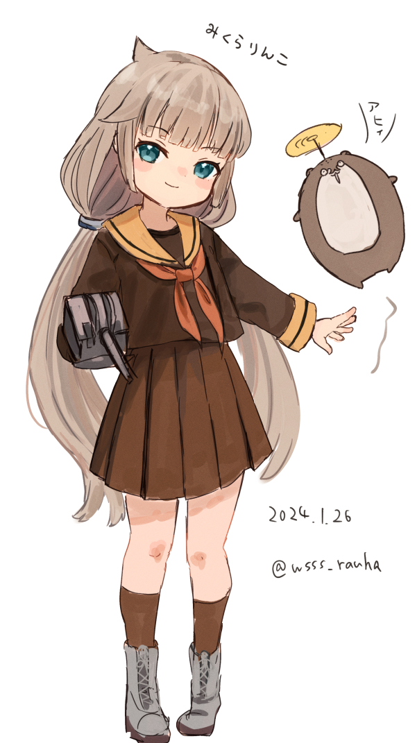 1girl, adapted_turret, bokukawauso, boots, brown_shirt, brown_skirt, brown_socks, cannon