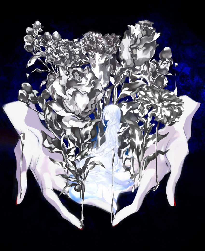 1other, absurdres, black_background, cinnabar_(houseki_no_kuni), cizihoudanshao, colored_skin, disembodied_limb, dress