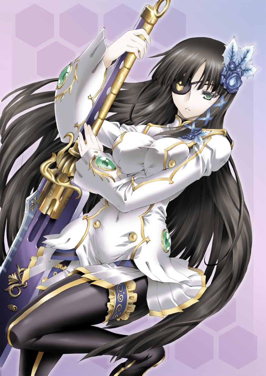 black_hair, breasts, eyepatch, flower, garter_belt, garters, green_eyes, hair_flower