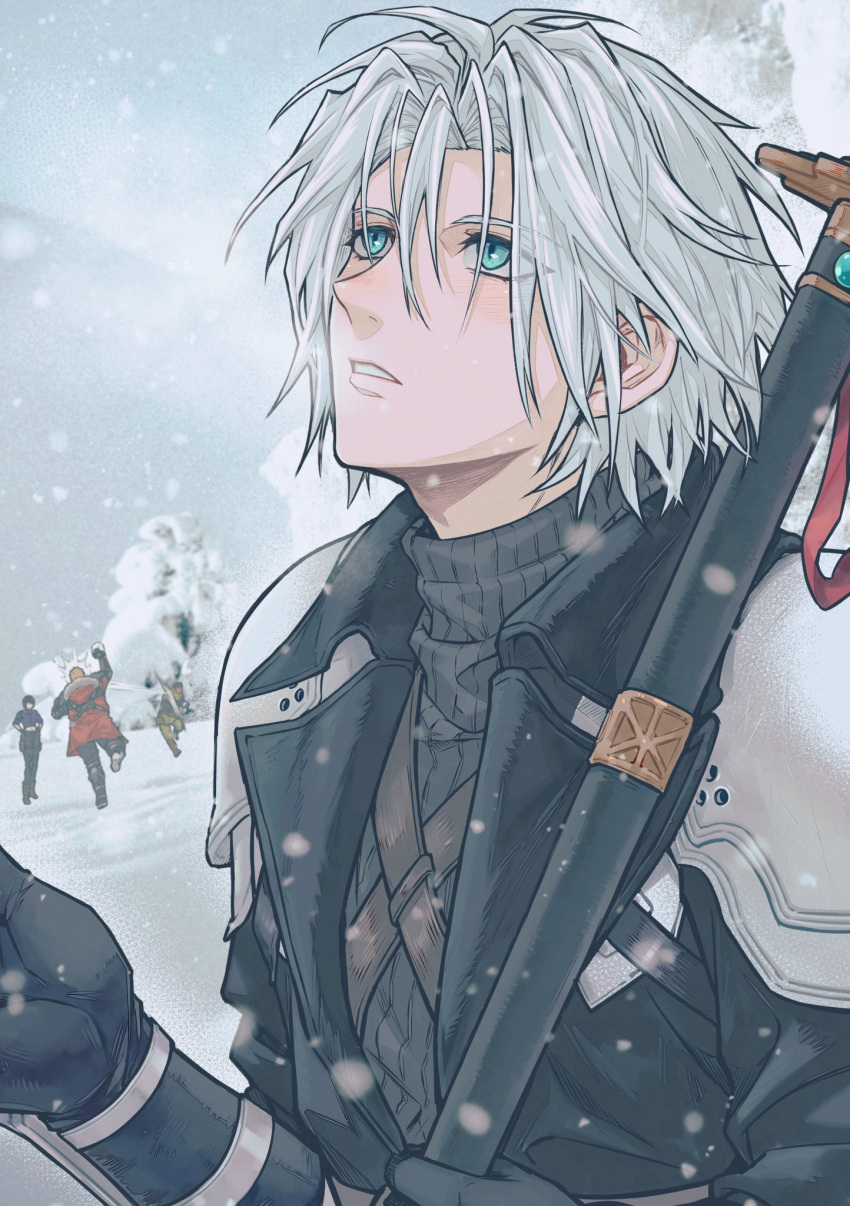 1girl, 3boys, aged_down, aqua_eyes, armor, black_coat, black_gloves, coat