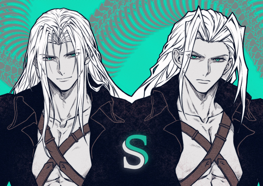 1boy, black_coat, chest_strap, closed_mouth, coat, collarbone, final_fantasy, final_fantasy_vii