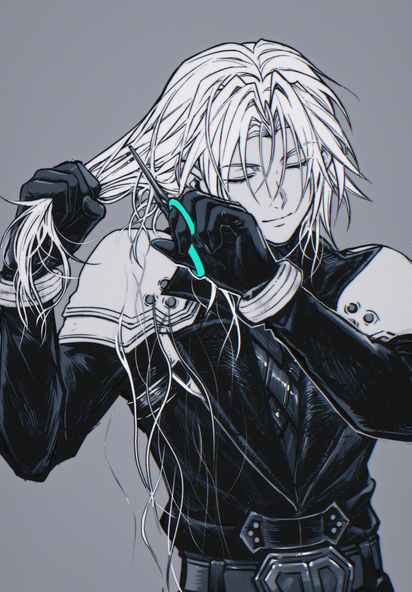1boy, aged_down, armor, bangle, belt, black_coat, black_gloves, bracelet, chest_strap, closed_eyes, closed_mouth, coat, cutting_hair, final_fantasy, final_fantasy_vii, final_fantasy_vii_ever_crisis, frogccc333, gloves, grey_background, hair_between_eyes, hand_in_own_hair, highres, holding, holding_scissors, jewelry, long_hair, long_sleeves, male_focus, monochrome, parted_bangs, scissors, sephiroth, short_hair, shoulder_armor, smile, solo, spot_color, upper_body, white_hair
