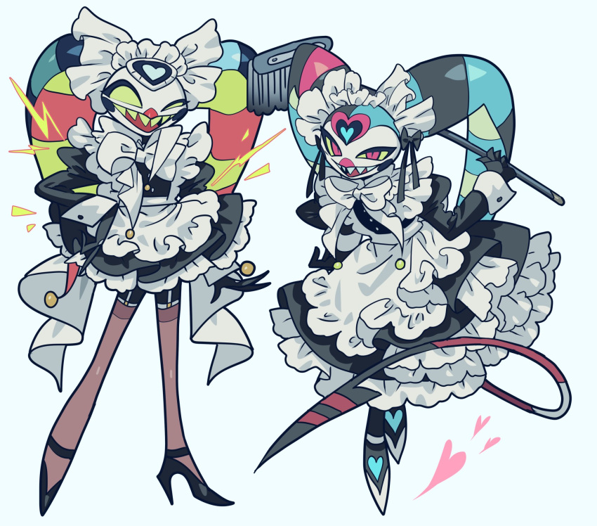 2boys, alternate_costume, apron, black_dress, black_footwear, brown_thighhighs, colored_sclera, crossdressing