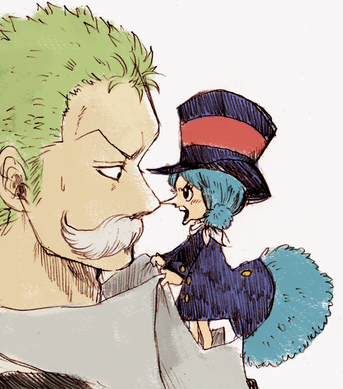 blue_coat, blue_hair, close-up, coat, fake_facial_hair, fake_mustache, green_hair, hat