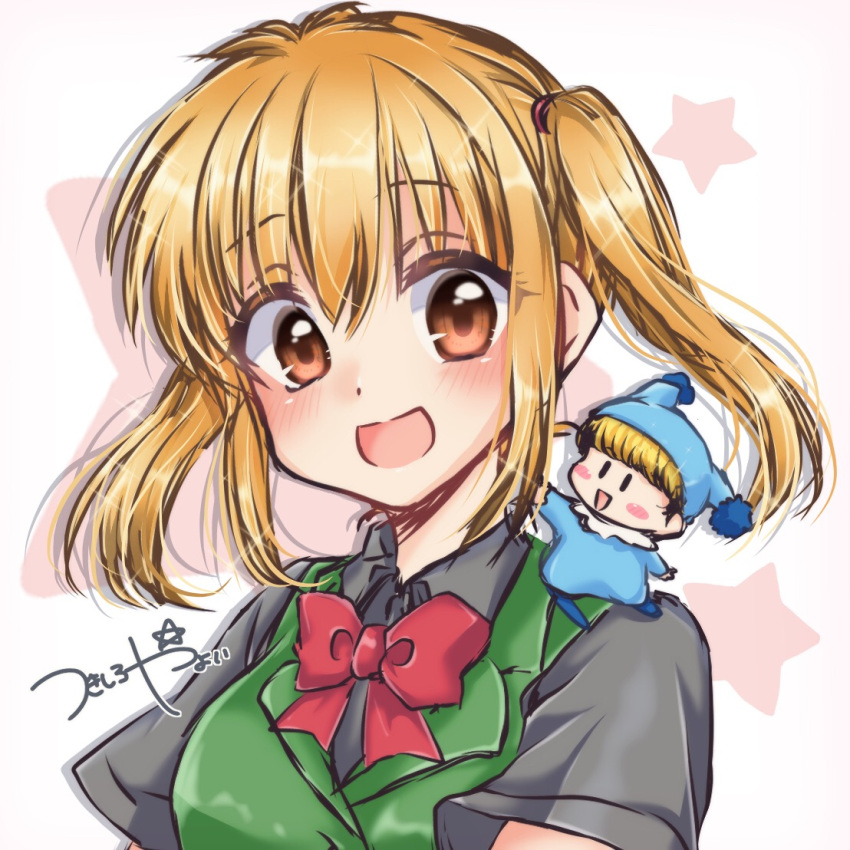 1boy, 1girl, black_shirt, blonde_hair, blush, brown_eyes, close-up, commentary_request