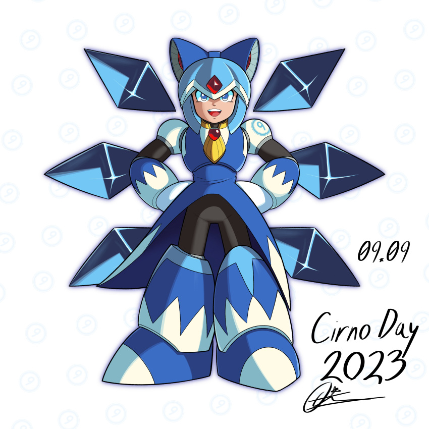 1girl, absurdres, armor, blue_dress, blue_eyes, cirno, cirno_day, dated, detached_wings, dress, hand_on_own_hip, helmet, highres, mega_man_(series), mega_man_x_(series), open_mouth, reploid_q, robot_girl, wings