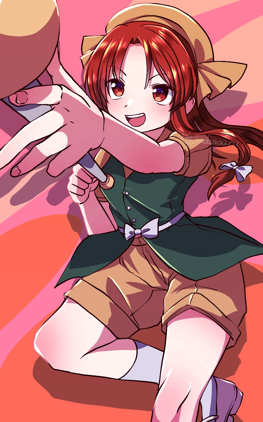 1girl, :d, ahodemoaru, bow, buttons, feet_out_of_frame, fingernails, green_vest