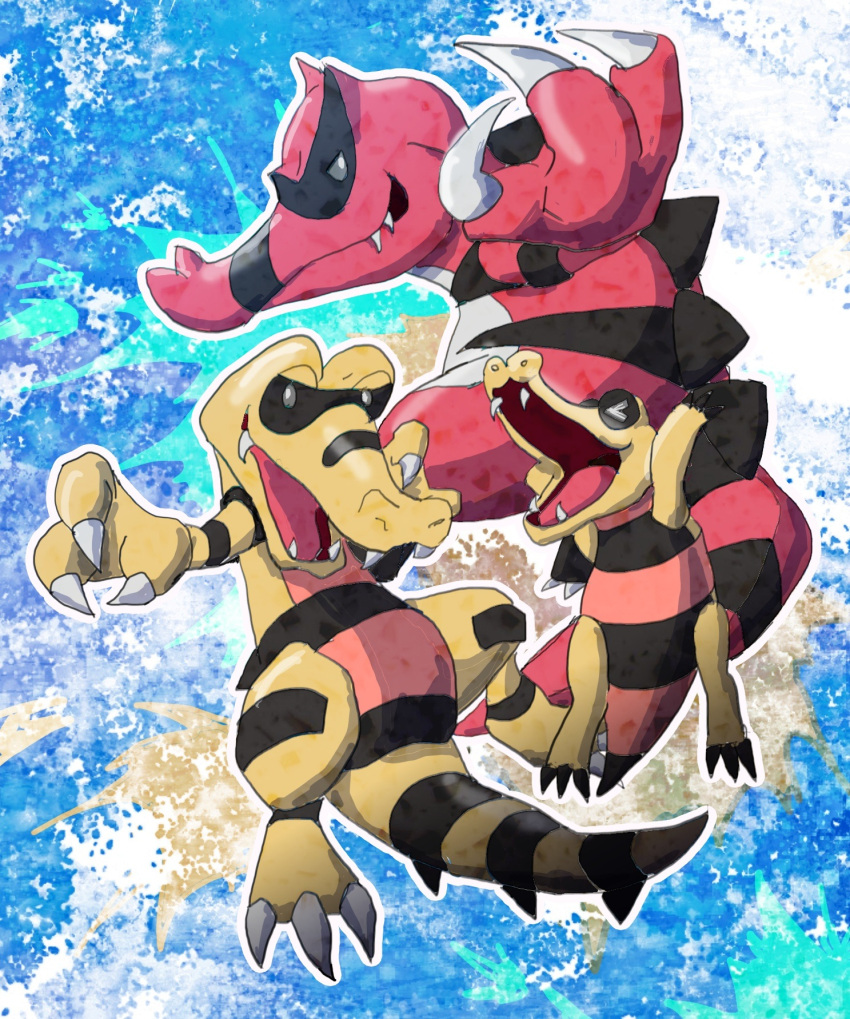 black_claws, black_sclera, black_stripes, cellulo, claws, closed_eyes, colored_sclera, colored_skin, crocodilian, evolutionary_line, fangs, fangs_out, grey_eyes, highres, krokorok, krookodile, no_humans, pokemon, pokemon_(creature), red_skin, sandile, spikes, spines