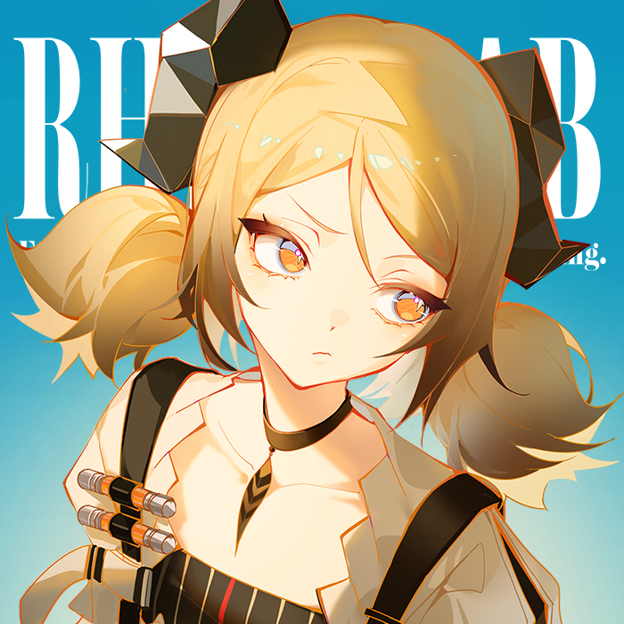 1girl, arknights, black_dress, blonde_hair, blue_background, chinese_commentary, commentary_request, demon_horns