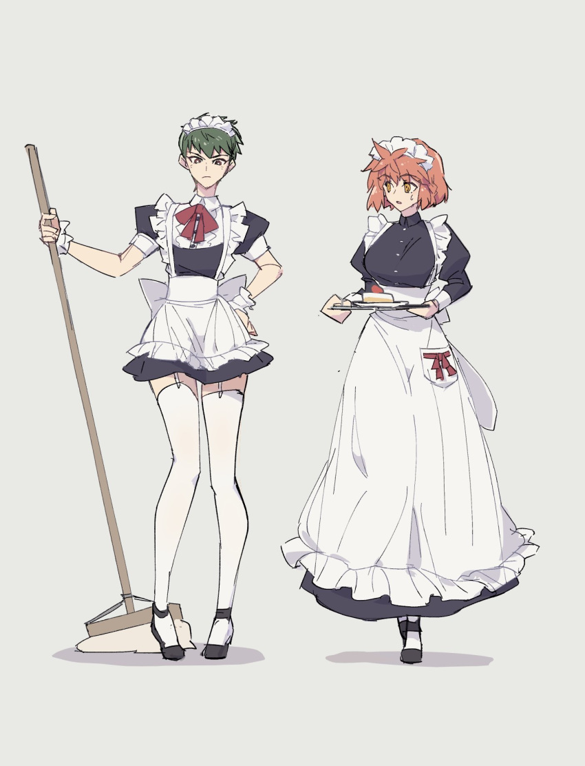 2girls, apron, black_dress, black_footwear, bow, breasts, buttons, cake, cake_slice, dress, emiya_shirou, fate/stay_night, fate_(series), food, frilled_dress, frills, garter_straps, genderswap, genderswap_(mtf), getter_robo, gou_saotome, green_hair, hanahiyo_(hoimin), highres, holding, holding_mop, holding_tray, large_breasts, long_dress, looking_at_another, looking_down, maid, maid_apron, maid_headdress, medium_hair, mop, multiple_girls, neck_ribbon, orange_hair, plate, red_eyes, red_ribbon, ribbon, shin_getter_robo, short_dress, short_hair, simple_background, small_breasts, thigh-highs, tray, waist_bow, white_apron, white_background, white_soccer_ball, white_thighhighs, white_wrist_cuffs, wrist_cuffs, yellow_eyes