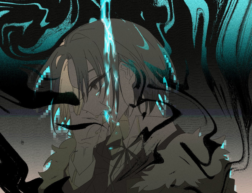1boy, blonde_hair, brown_eyes, brown_hair, brown_jacket, collared_shirt, colored_inner_hair, facing_to_the_side