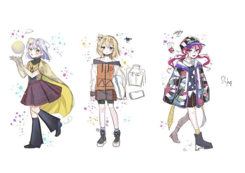 3girls, ankle_boots, aqua_eyes, arms_at_sides, artist_request, bare_shoulders, baseball_cap, black_footwear, black_leg_warmers, blonde_hair, blue_hair, blue_socks, blush, boots, bracelet, camouflage, camouflage_headwear, camouflage_jacket, cape, collared_shirt, commentary, drawstring, full_body, grey_eyes, grey_skirt, grey_sweater, hair_ornament, hands_up, hat, holding, jacket, jewelry, leg_warmers, long_hair, long_sleeves, looking_at_viewer, medium_hair, multicolored_clothes, multicolored_headwear, multicolored_jacket, multiple_girls, off-shoulder_jacket, off_shoulder, open_clothes, open_jacket, open_mouth, orange_jacket, original, personification, pink_hair, plaid, plaid_skirt, pleated_skirt, red_skirt, second-party_source, shirt, shoes, shorts, simple_background, skirt, sleeveless, sleeveless_shirt, sleeves_past_fingers, sleeves_past_wrists, slim_(lunar_lander), smile, socks, standing, standing_on_one_leg, sweater, turtleneck, twintails, white_background, white_shirt, yellow_cape, yellow_eyes, yellow_socks