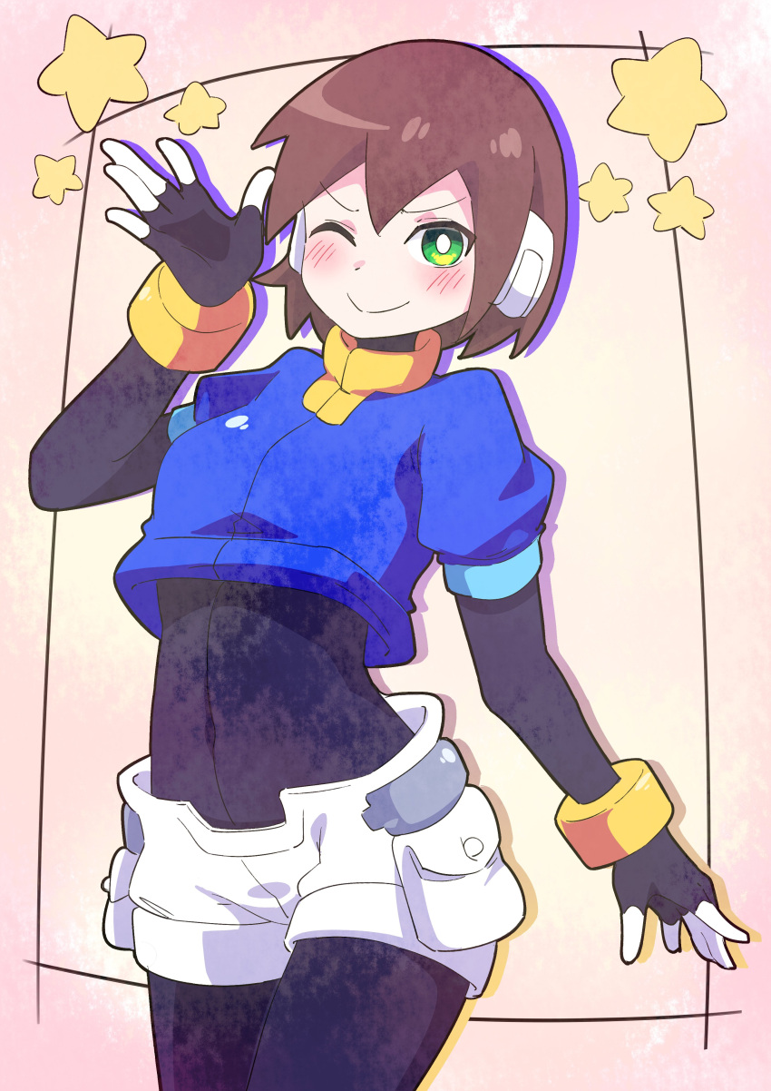1girl, absurdres, aile_(mega_man_zx), black_bodysuit, blue_jacket, blush, bodysuit, brown_hair