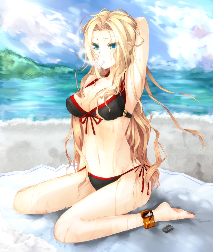 barefoot, bikini, blonde_hair, breasts, cigarette, cleavage, front-tie_top, green_eyes