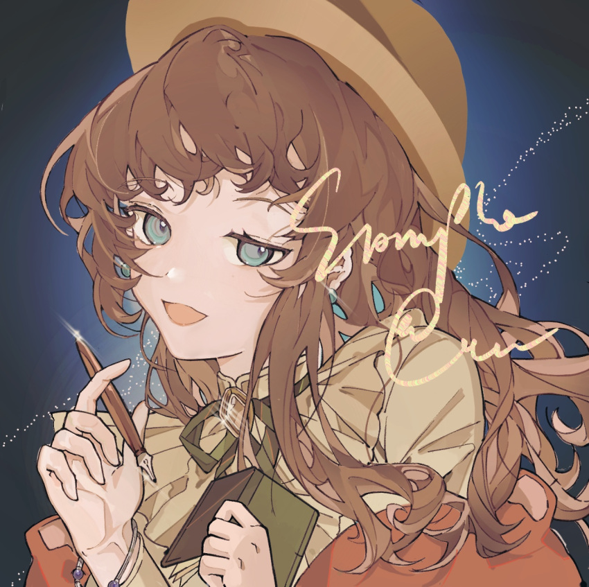 1girl, blue_eyes, book, brown_hair, brown_headwear, brown_shirt, earrings, fors_wall