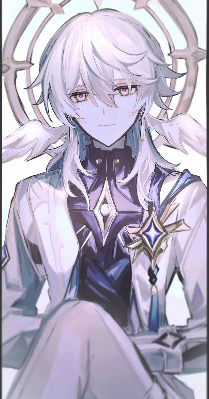 1boy, absurdres, androgynous, black_shirt, closed_mouth, diamond_in_eye, earrings, halo