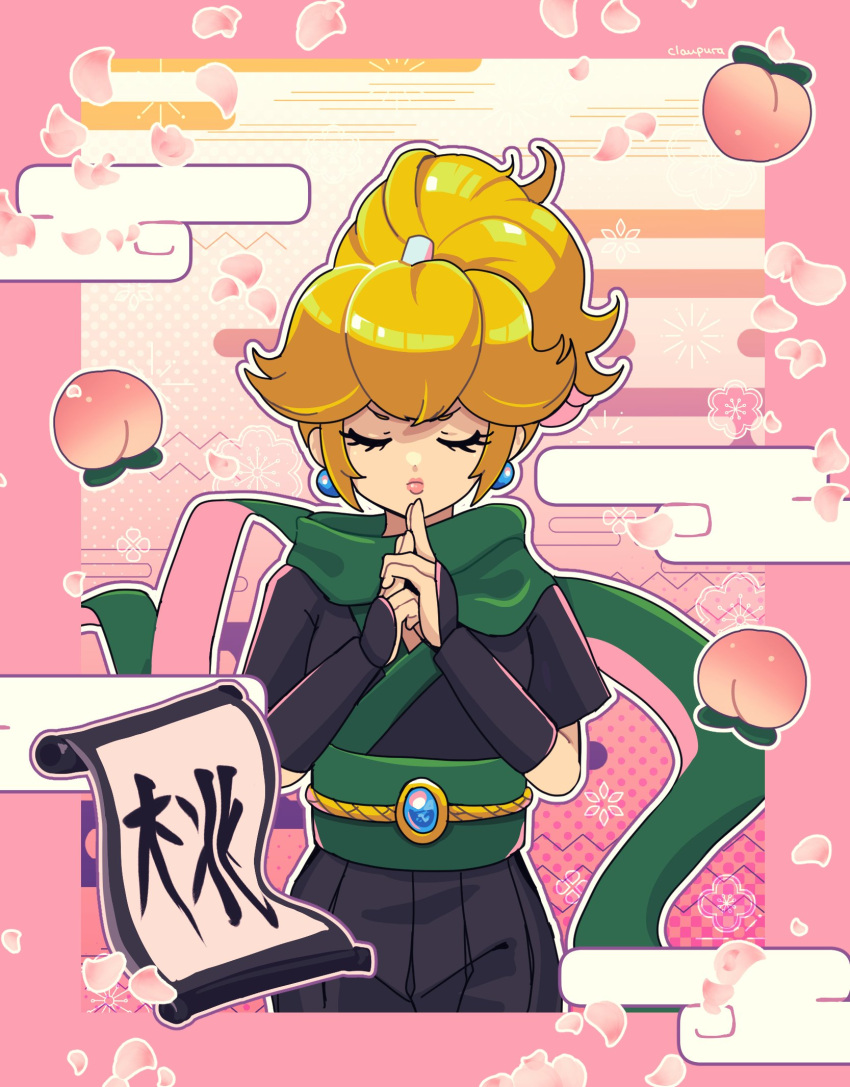 blonde_hair, closed_eyes, closed_mouth, commentary, earrings, egasumi, english_commentary, eyelashes