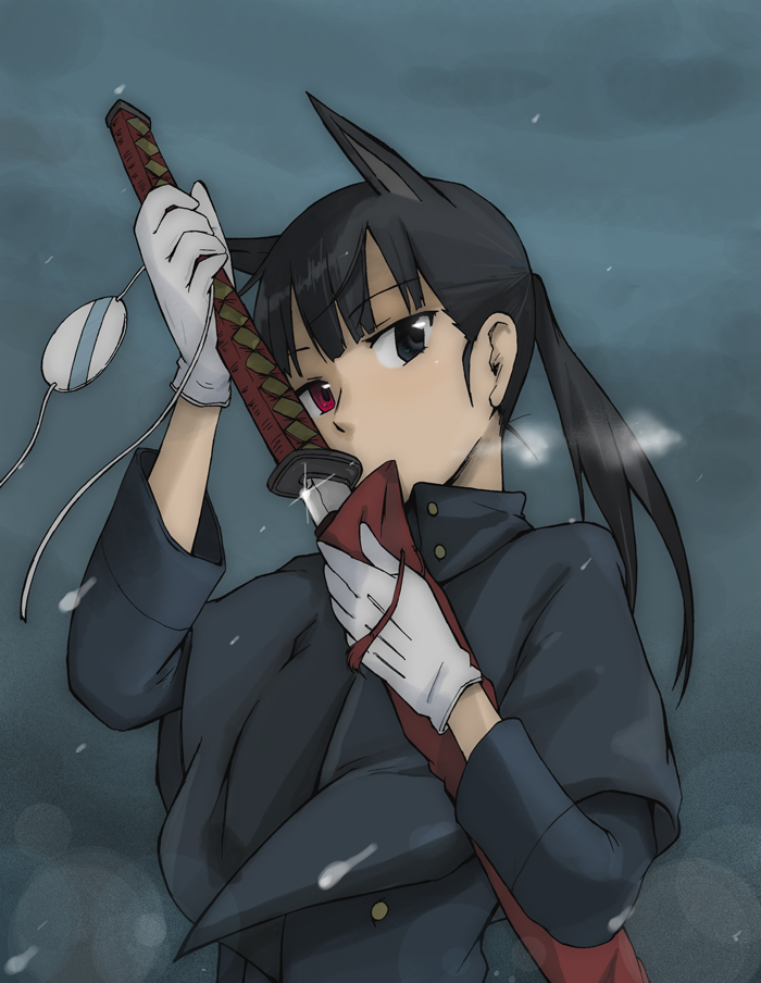 black_hair, boss_(artist), eyepatch, gloves, heterochromia, jacket, long_hair, ponytail