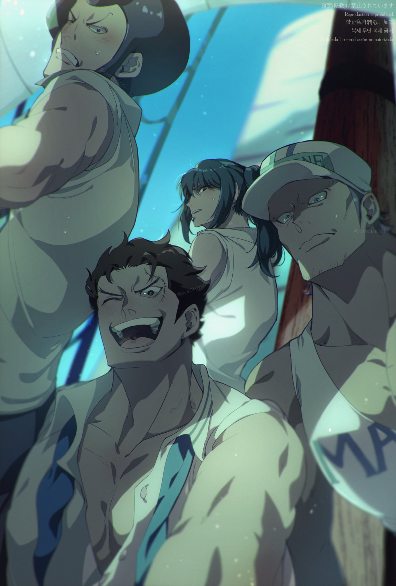 1girl, 3boys, back, blue_theme, commentary_request, highres, looking_at_viewer, monkey_d._garp