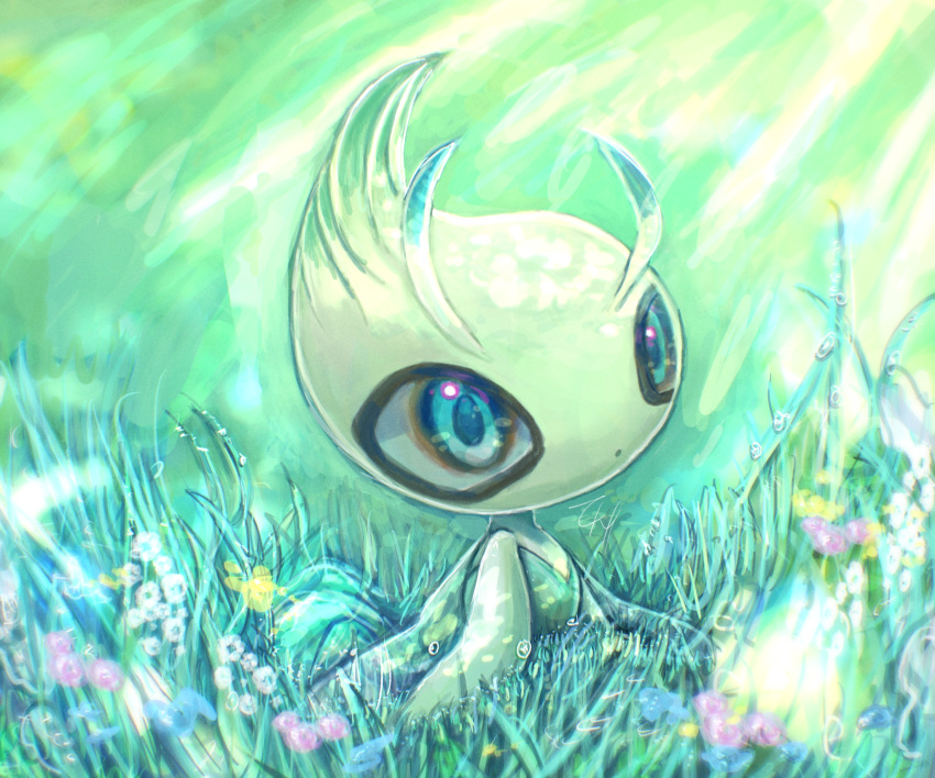 antennae, aqua_eyes, blurry, blurry_background, celebi, colored_skin, depth_of_field, dew_drop