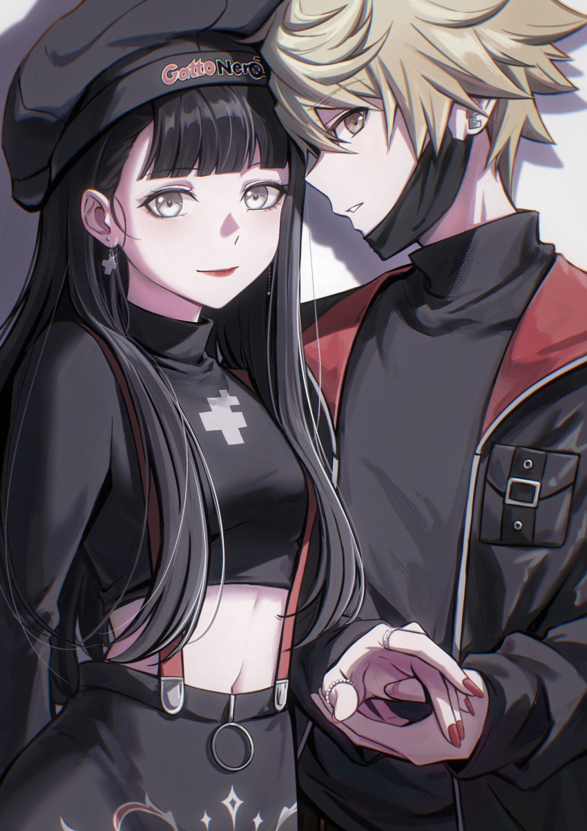 1boy, 1girl, black_hair, blonde_hair, brown_eyes, couple, crop_top, earrings