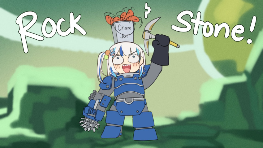 1girl, armor, bucket, bucket_on_head, cave, deep_rock_galactic, driller_(deep_rock_galactic), english_text, gawr_gura, gloves, highres, holding, holding_pickaxe, hololive, hololive_english, mittsu, object_on_head, pickaxe, shrimp, solo, standing
