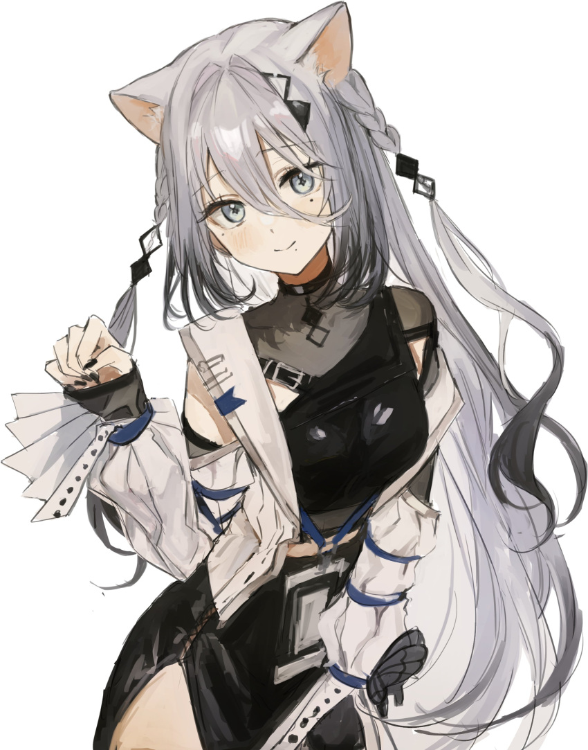 1girl, absurdres, animal_ears, black_dress, cat_ears, crop_top, dress, gradient_hair