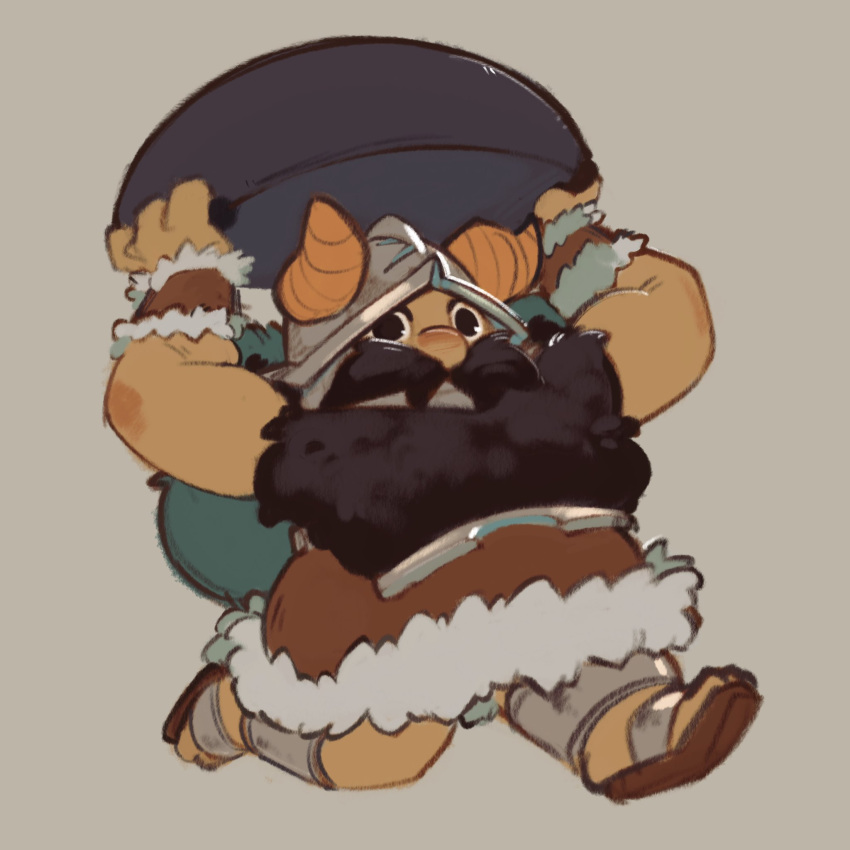 1boy, armor, arms_up, backpack, bag, beard, black_hair, carrying_overhead, chibi, covered_mouth, dungeon_meshi, dwarf, facial_hair, fake_horns, full_body, fur_trim, grey_background, helmet, highres, horned_helmet, horns, long_beard, looking_ahead, mustache, sandals, senshi_(dungeon_meshi), shin_guards, simple_background, solo, thefireseal, walking, wok
