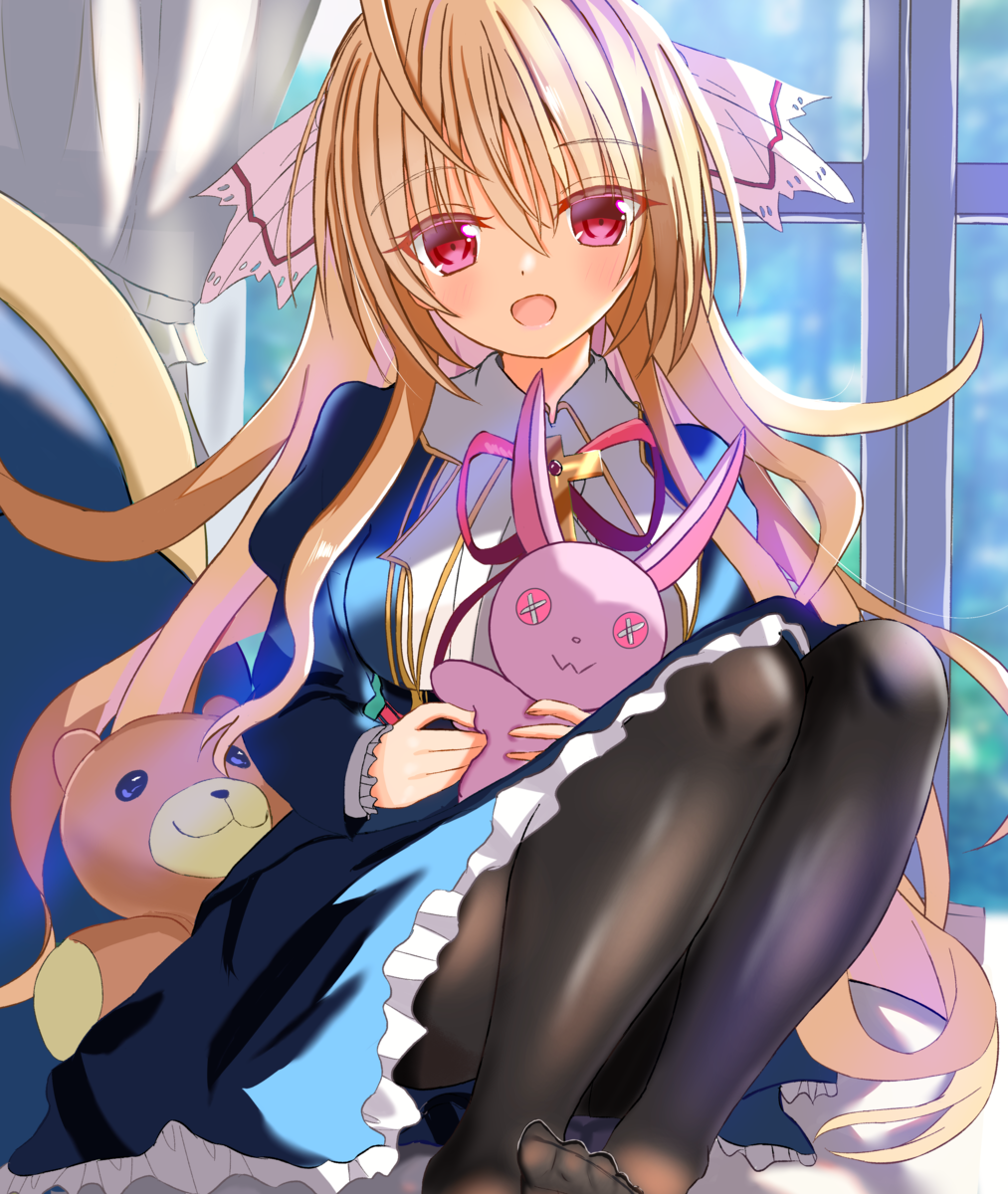 1girl, alicetia_wallenberg_kezouji, black_pantyhose, blonde_hair, blue_dress, blush, collared_shirt, colored_eyelashes