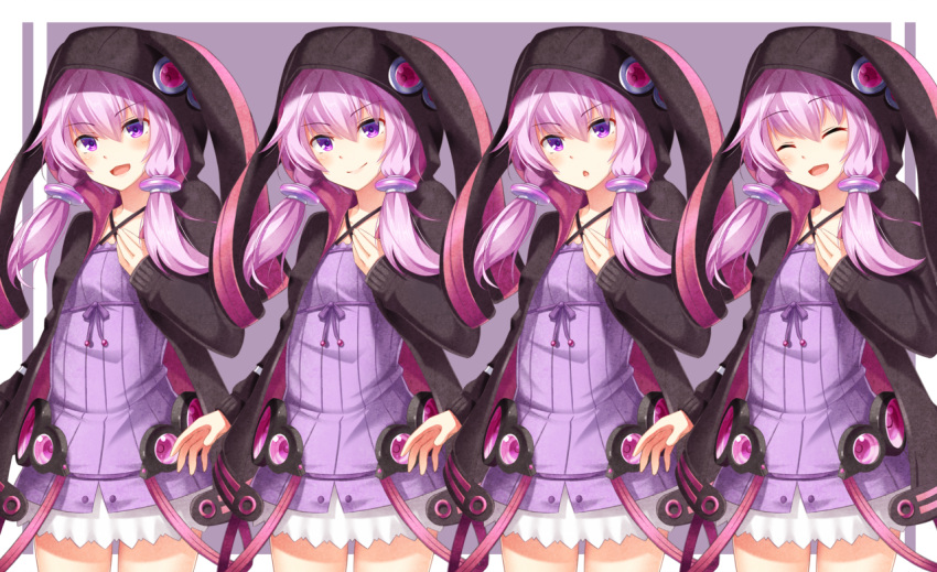 1girl, :o, ^_^, animal_ear_hood, animal_ears, black_hood, black_jacket, black_sleeves