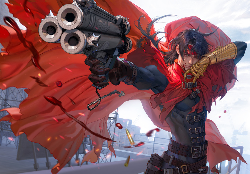 1boy, belt, black_gloves, black_hair, black_jacket, blood, blood_on_face, cape