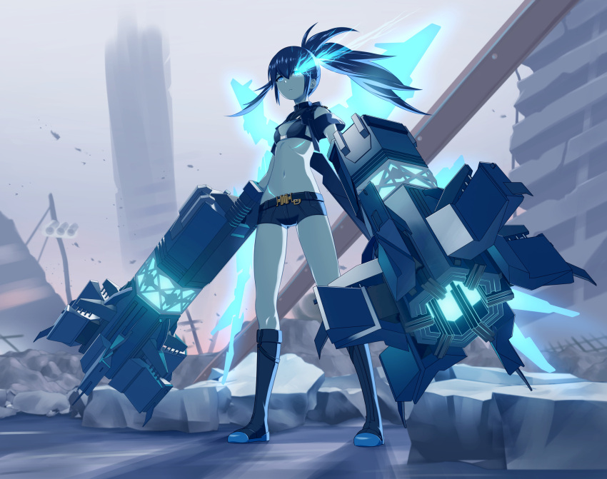1girl, 32zzz, arm_cannon, black_bra, black_footwear, black_hair, black_rock_shooter, black_rock_shooter:_dawn_fall