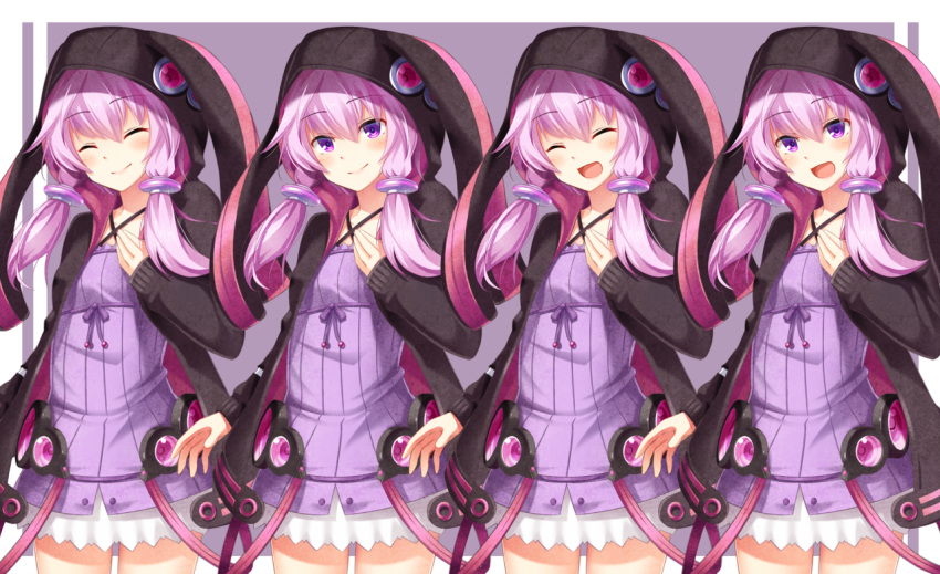1girl, :o, ^_^, animal_ear_hood, animal_ears, black_hood, black_jacket, black_sleeves