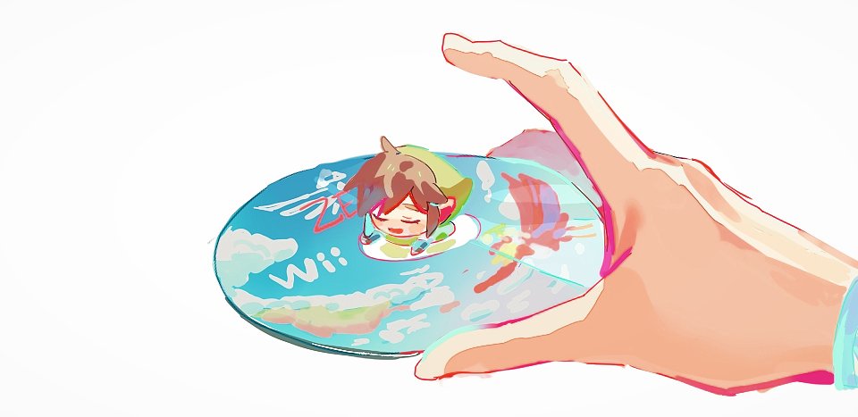1boy, 1other, ahoge, blue_sleeves, bracer, brown_gloves, brown_hair, closed_eyes, commentary_request, eyelashes, fingerless_gloves, game_cartridge, gloves, green_headwear, green_tunic, holding_game_cartridge, korean_commentary, link, long_sleeves, male_focus, meta, mini_person, miniboy, ninto, out_of_frame, pointy_ears, pointy_hat, short_hair, simple_background, the_legend_of_zelda, the_legend_of_zelda:_skyward_sword, white_background