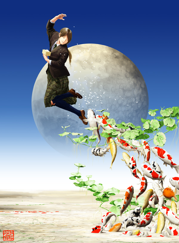 blush, fish, floating, flying, leaf, looking_down, moon, original