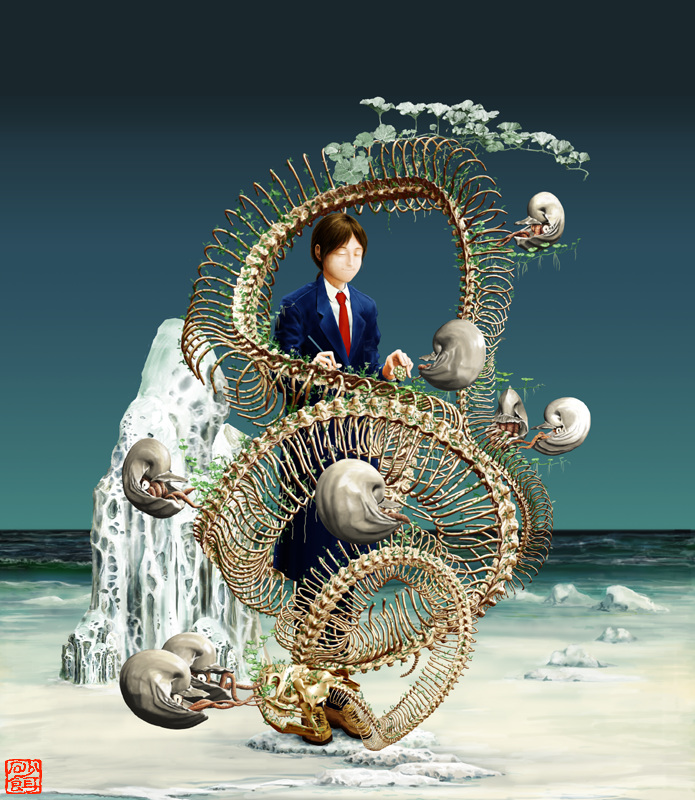 beach, blazer, blush, bone, closed_eyes, nautilus_(animal), ocean, original