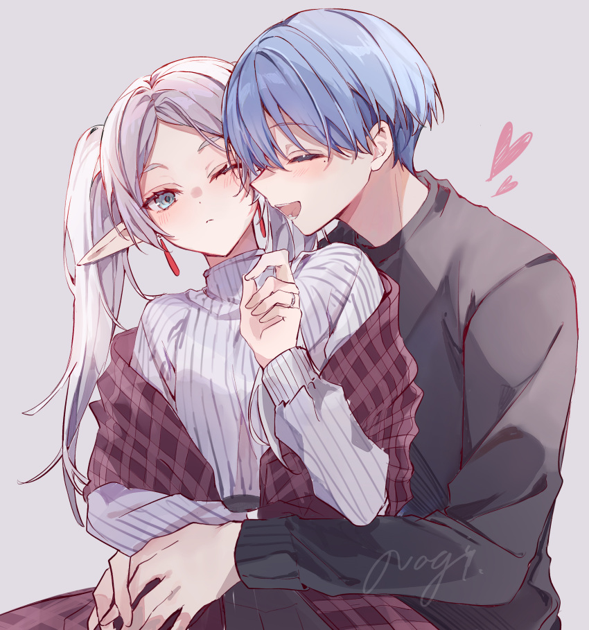 1boy, 1girl, absurdres, aqua_eyes, aqua_hair, artist_name, black_shirt, black_skirt
